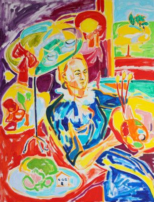 Self Portrait after Degas: The Millinery Shop, Tamara Jare, oil on canvas, 2025