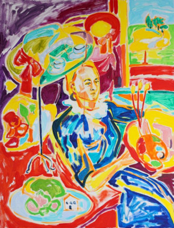 Self Portrait after Degas: The Millinery Shop, Tamara Jare, oil on canvas, 2025