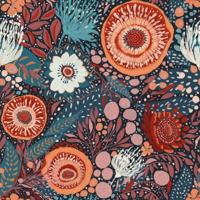 whimsical folk art-inspired pattern. Hand-painted flowers and foliage