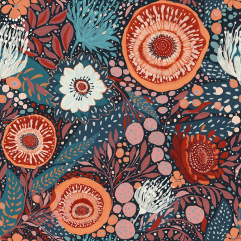 whimsical folk art-inspired pattern. Hand-painted flowers and foliage
