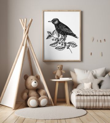 Wildlife Poster - Bird of the branch with black berries in vintage style