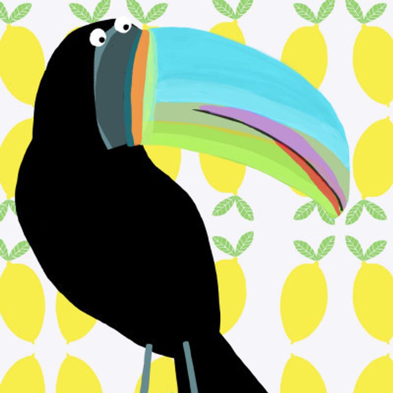Tropical Toucan Bird with Lemon Pattern Background by Carla Daly