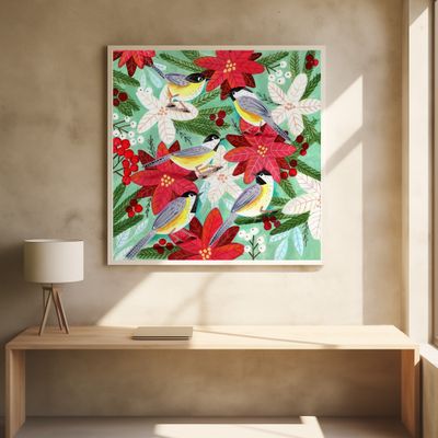 Winter birds tits and Christmas flowers