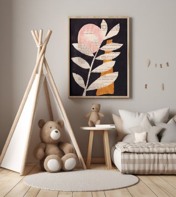 Abstract leaves with black background gouache painting