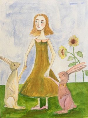 Girl with her rabbits