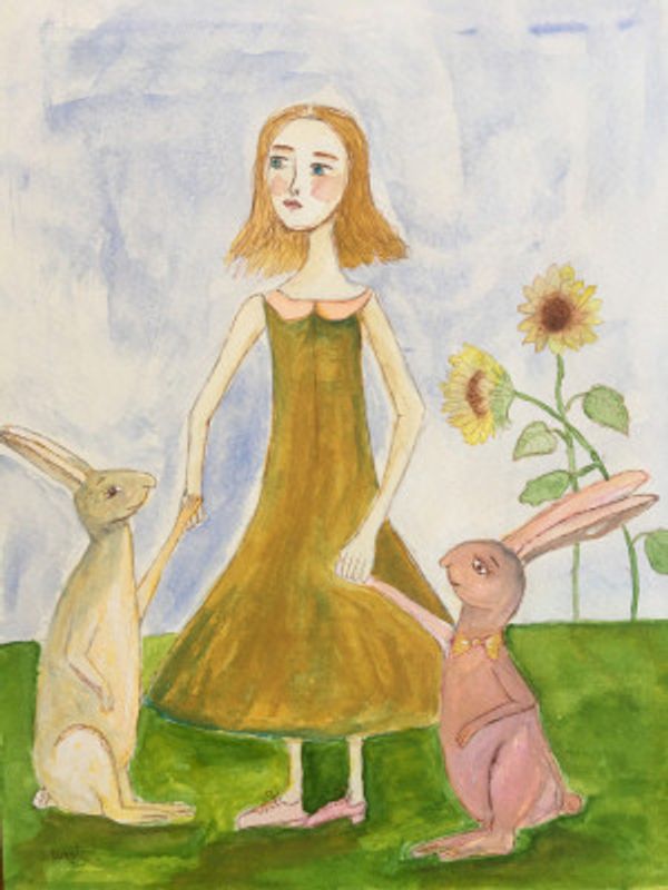 Girl with her rabbits