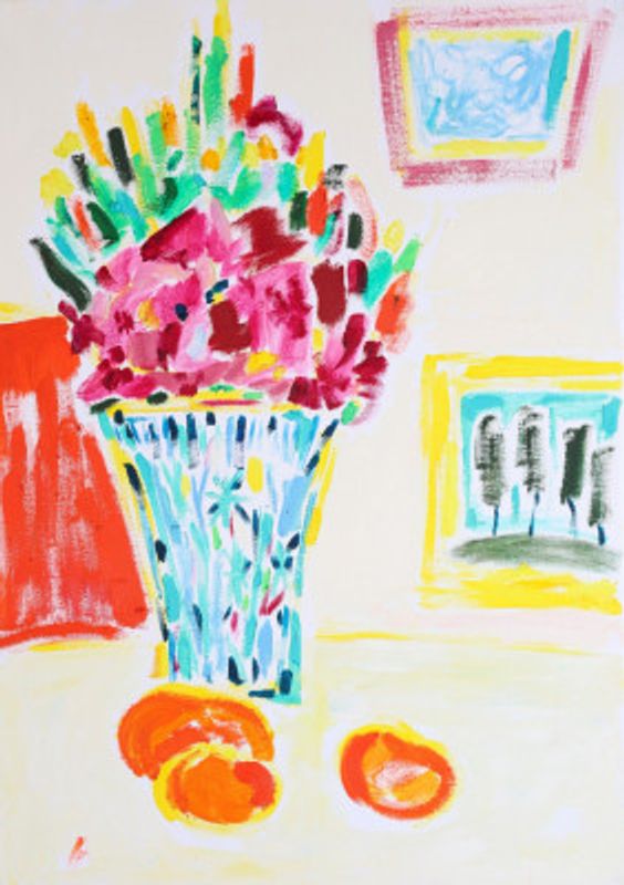 Still Life With Flowers And Mandarins On The Table, Tamara Jare, oil on canvas