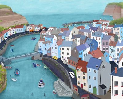 Aerial View of Staithes, United Kingdom by Artist Carla Daly