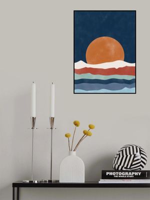 Large Orange Sun Setting Over Stylized Waves