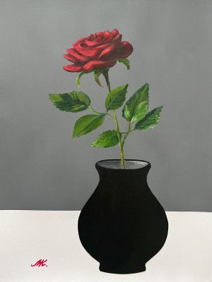 Red Rose in a Black Vase - Red Rose Painting – Scandinavian-Japanese Minimalist Floral Art in Black Vase for Serene Home, Office or Gift Interior - 008