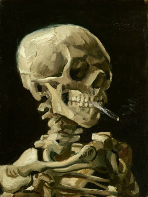 Head of a skeleton with a burning cigarette