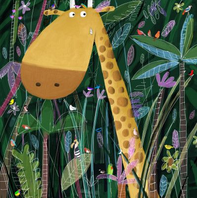 Cute Giraffe Peeks Out of the Jungle by Artist Carla Daly