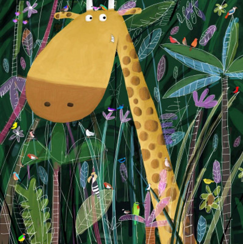Cute Giraffe Peeks Out of the Jungle by Artist Carla Daly