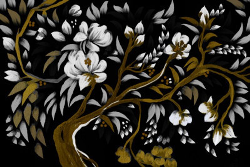 Chinoiserie White Blossom Tree with Elegant Gold Leaves on Blue Background