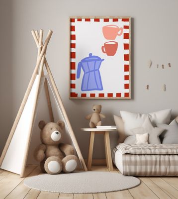 Minimalist Blue Coffee Pot and Two Pink Cups