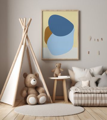 Simple shapes in pastel colors - blue, terra on butter yellow and white.