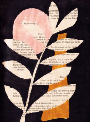 Abstract leaves with black background gouache painting