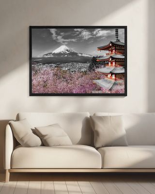 Lovely view of Mount Fuji with Pagoda and Cherry Trees - colorkey
