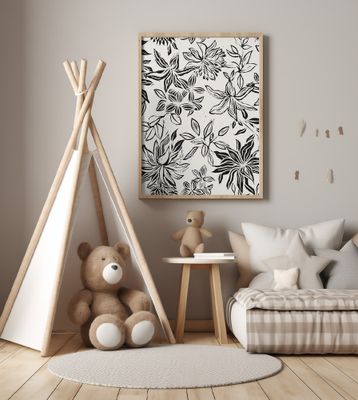 Linocut Flowers Black and White