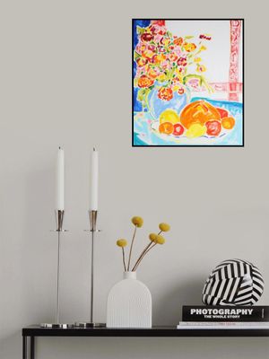 Still life with Strawflowers Bouquet and Plate of Pumpkin and Fruit, Tamara Jare, oil on canvas