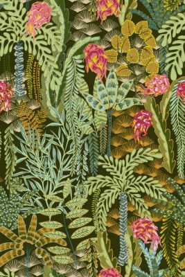 tropical lounge with dragon fruit emerald pattern