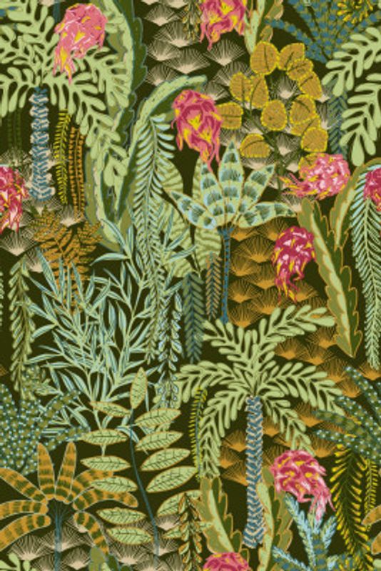 tropical lounge with dragon fruit emerald pattern