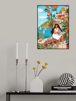 Travel poster woman in Mediterranean coast