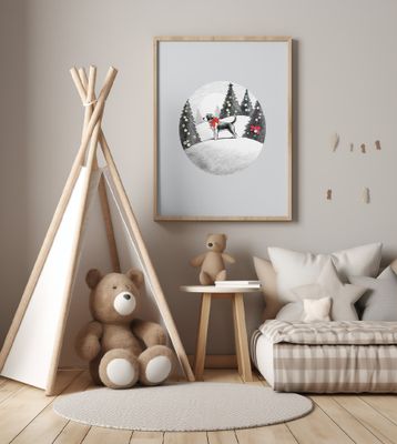 Winter Scenes: Holiday Dog In Snow With Red B Ow On Neck and Decorated Christmas Trees 1