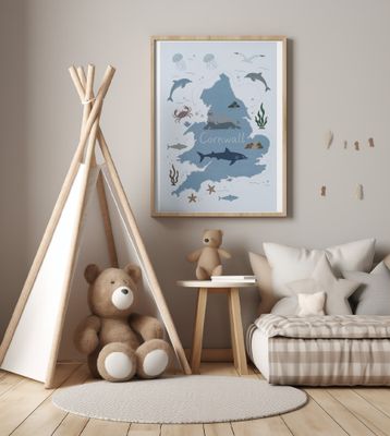 Cornwall Map with Marine Life