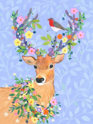 Deer With Floral Antlers And A Bird