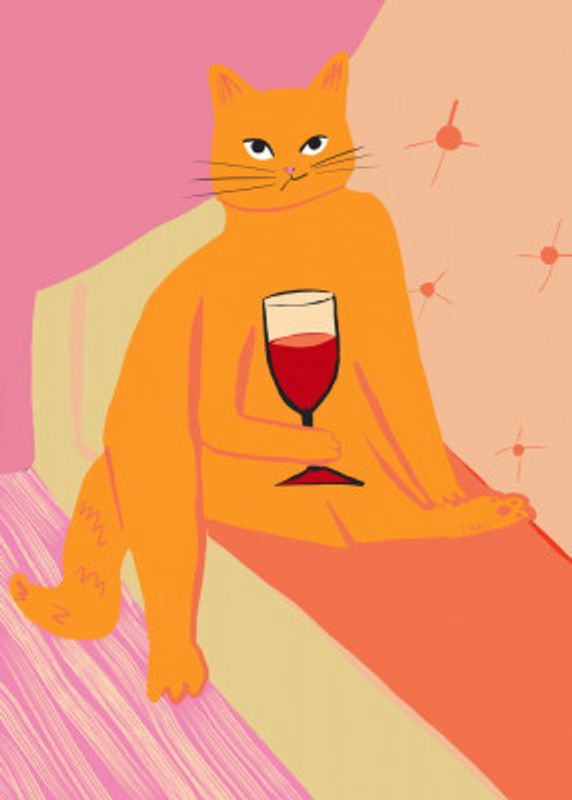 Big orange ginger cat enjoying a wine