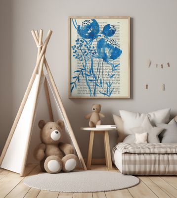 Denim blue sketch with wild meadow flowers