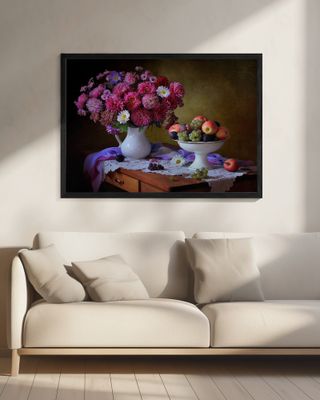 Still life with a bouquet of asters and fruits