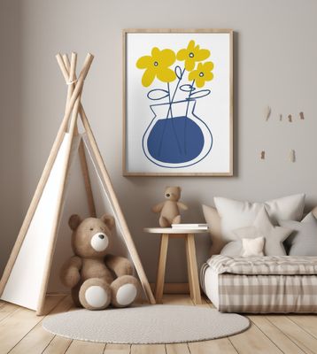 Blue Vases With Minimalist Yellow Flowers