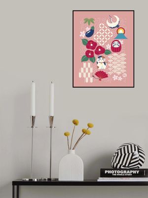 Enchanting New Year Trove [sweet pink] Japanese Lucky Symbols – Modern Minimal Illustration with Maneki Neko and Daruma