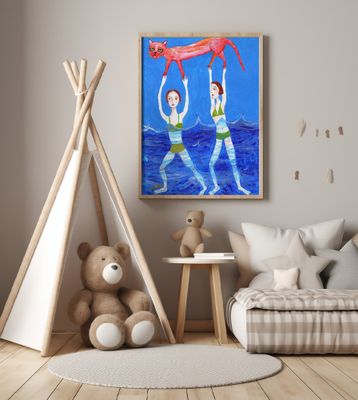 Two swimmers with pink cat