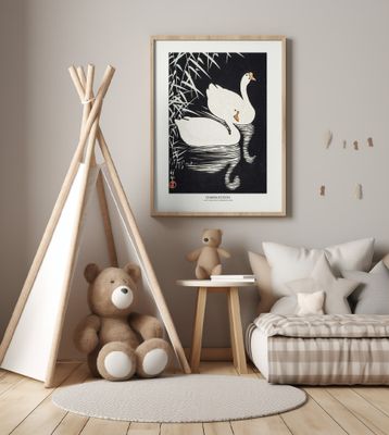 White Chinese Geese Swimming by Reeds