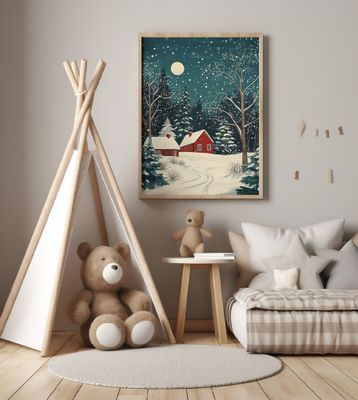 Red Houses and Snowy night sky