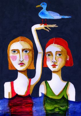 Swimming Girls with Blue Seagul.