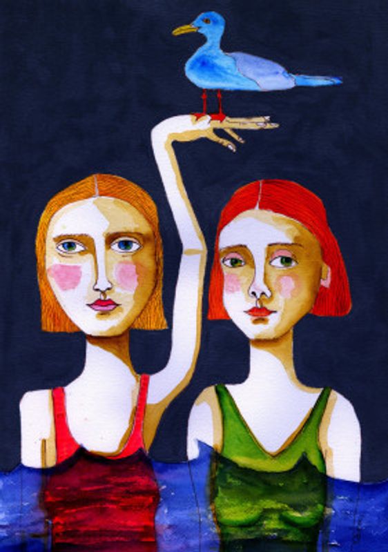 Swimming Girls with Blue Seagul.