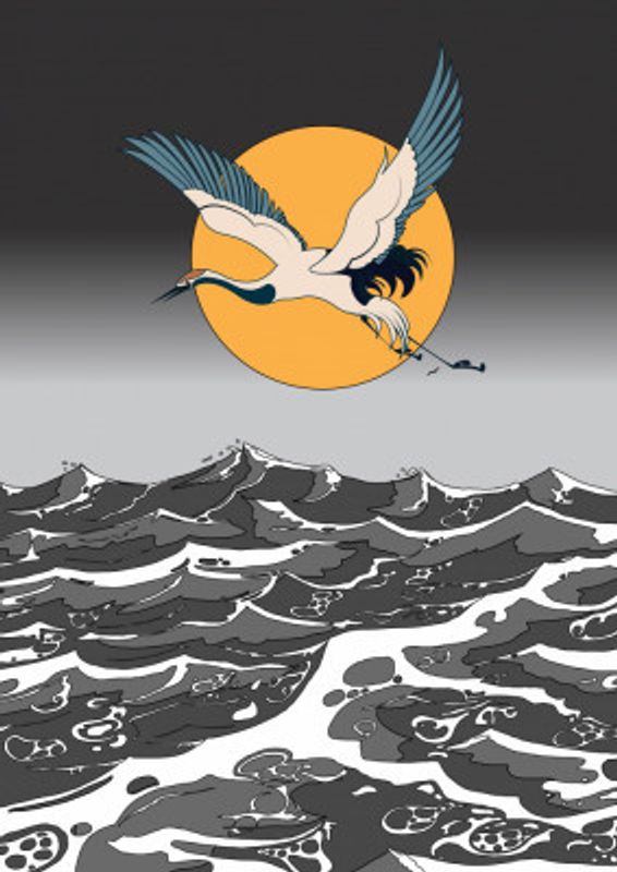 Crane Flying over Stylized Waves