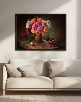 Still life with a bouquet of roses and plums