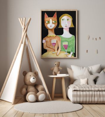 Best Friends Cat and Lady drinking wine