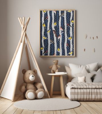 Birds in snowy birchwood on navy blue pattern
