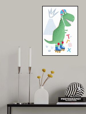 Funny T-Rex on Rollerblades with Volcano by Artist Carla Daly