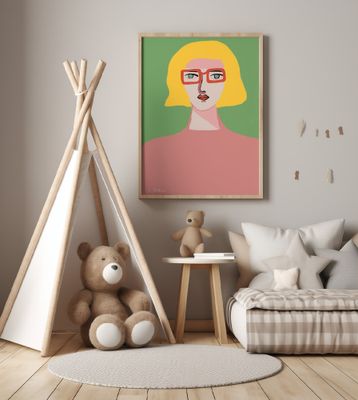 Golden hair lady with red glasses