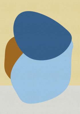 Simple shapes in pastel colors - blue, terra on butter yellow and white.