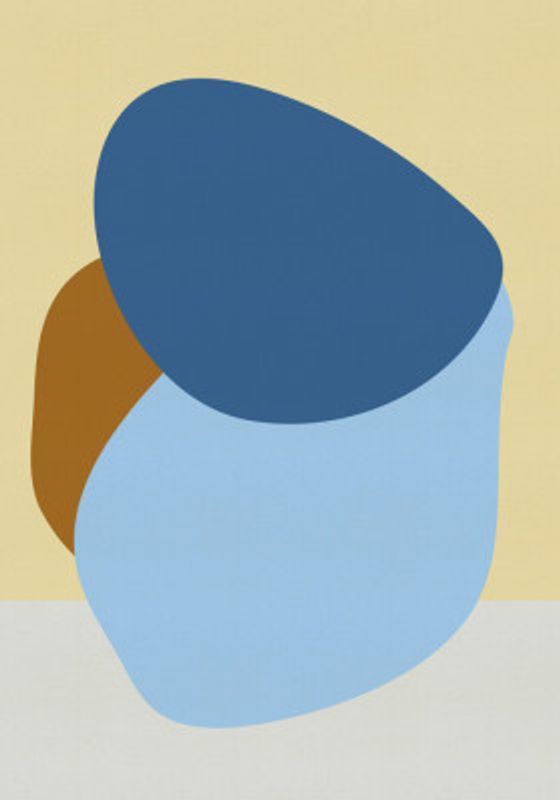 Simple shapes in pastel colors - blue, terra on butter yellow and white.