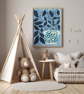 Stylized Blue Leaves In A Decorative Vase