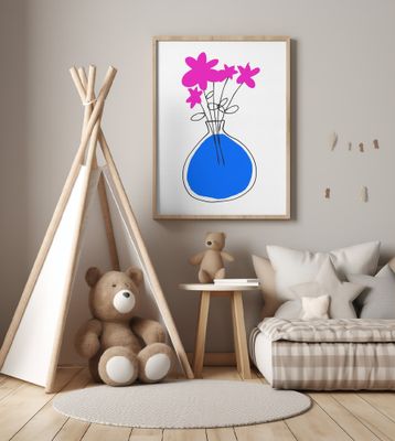 Blue Vase With Vibrant Pink Flowers